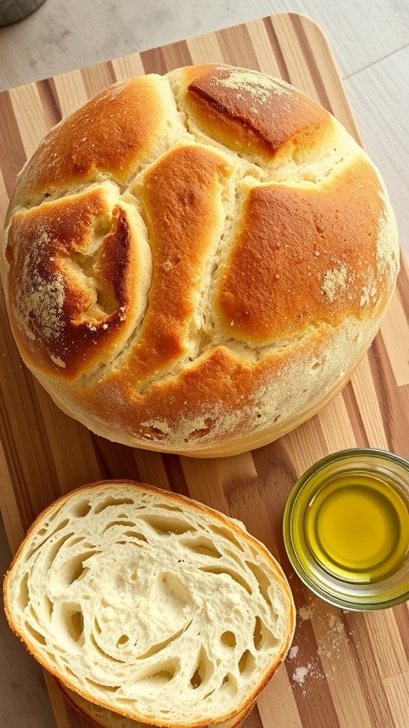 Simple 2-Ingredient Homemade Bread Recipe A round loaf of homemade bread on a wooden board, with slices cut and olive oil in a bowl.